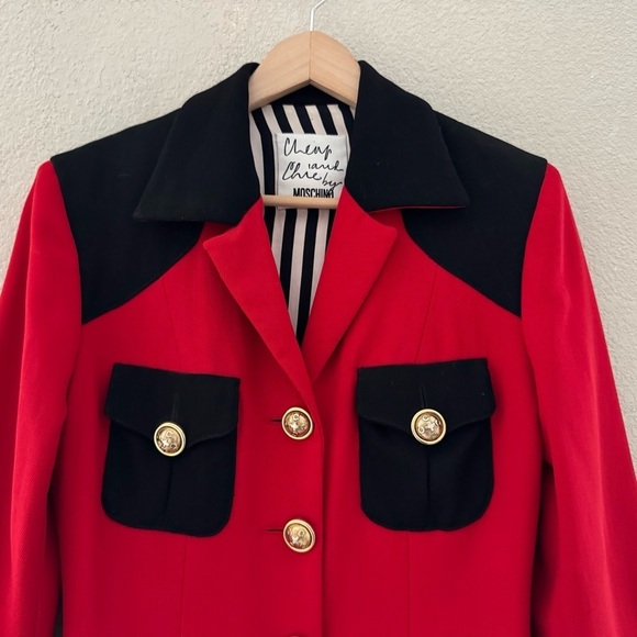 Moschino Vintage Blazer Cheap Chic Wool 80s Military Italy Designer Red Black 10 - Picture 2 of 12